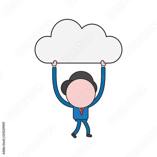 Vector illustration of businessman character walking and carrying cloud. Color and black outlines.