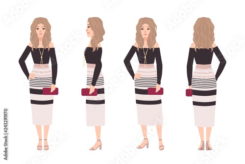 Young blonde woman dressed in fashionable clothes. Pretty girl wearing dress ...