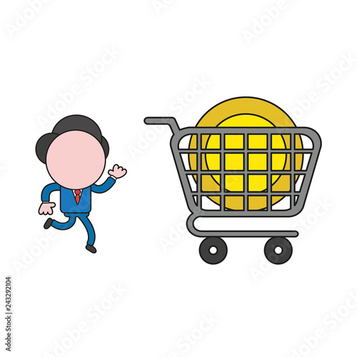 Vector illustration of businessman character running to dollar coin inside shopping cart. Color and black outlines.