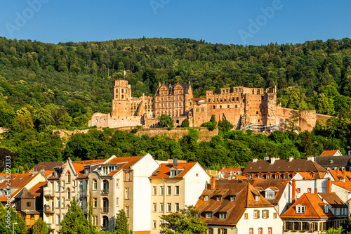 View of city Heidelberg and ruins of renaissance Heidelberg Castle on Konigstuhl hill, Germany