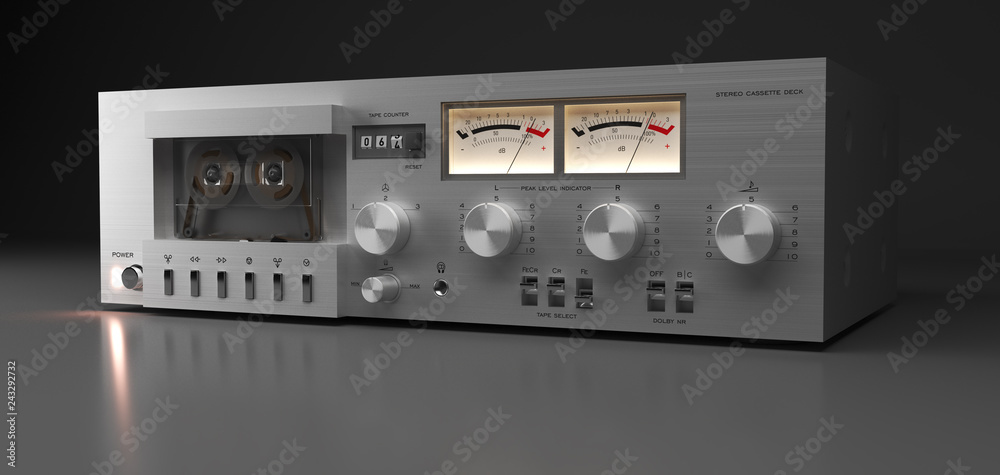 Fototapeta premium Vintage stereo cassette deck closeup, 3D rendering isolated on dark background. 3D render. 3d Illustration 