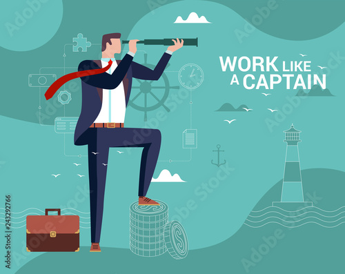 Concept Flat illustration. Businessman Captain Looks Through A Telescope. Work like a Captain word.