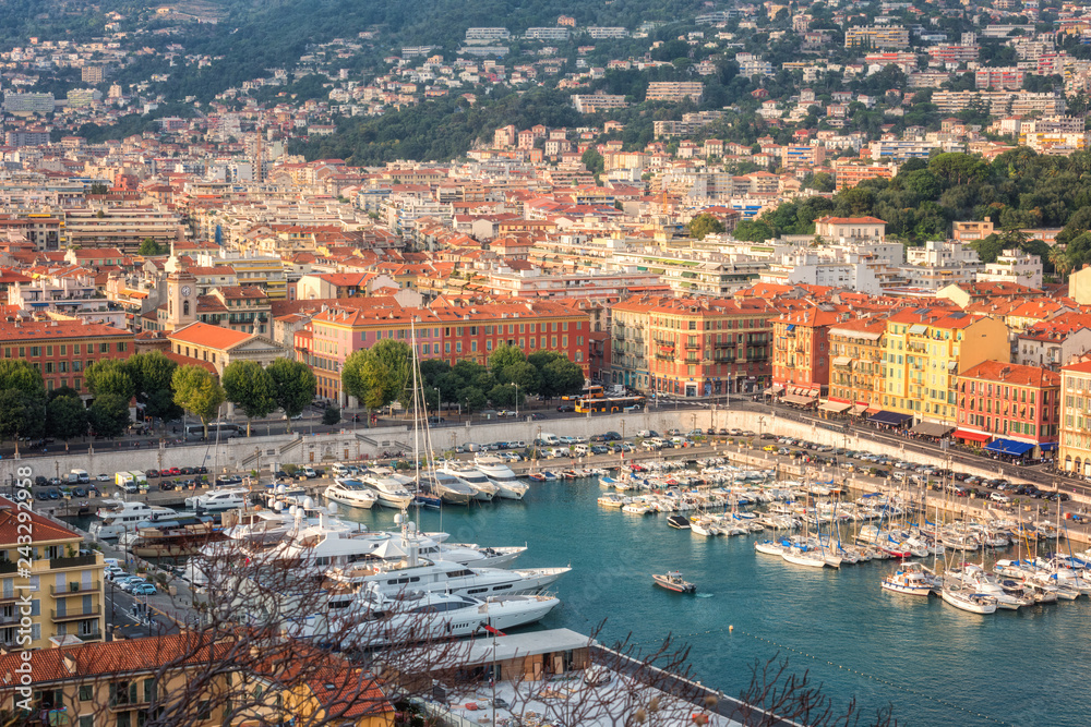 Panoramic aerial view of Nice marina (port of Nice) from popular viewpoint on the Castle Hill, French Riviera, Cote d’Azur, France