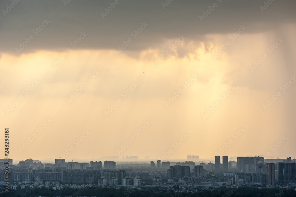 Chengdu skyline aerial view with a dramatic sky at dusk, China