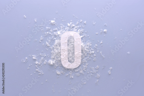 0 number zero, graphic white digit and creative typography with snow, happy birthday