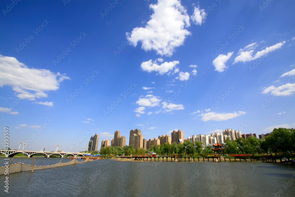 Building and islands beside the river, luannan county, hebei province, China