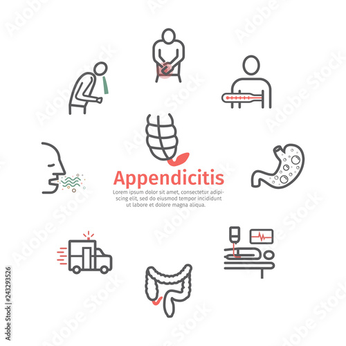 Appendicitis. Symptoms, Treatment. Line icons set. Vector signs for web graphics.