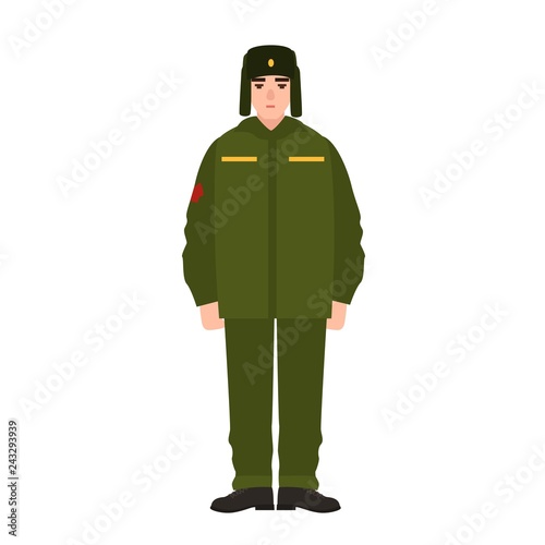 Soldier of Russian armed force wearing army winter uniform and fur hat