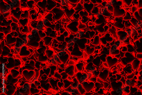 Valentine's Day abstract 3D background pattern with dark radiant, glowing and shining red hearts.