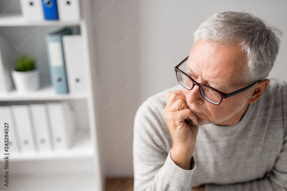 old age, problem and people concept - close up of senior man in glasses thinking old age, problem and people concept - close up of senior man in glasses thinking