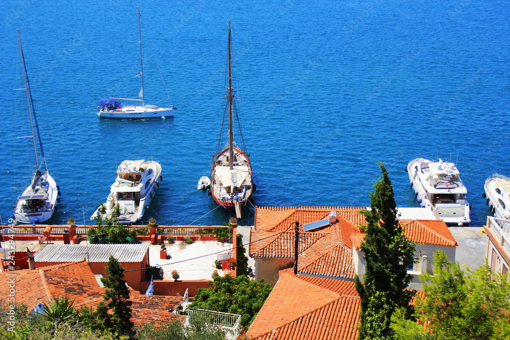Naklejka premium Ferry on Poros island in a summer day in Greece