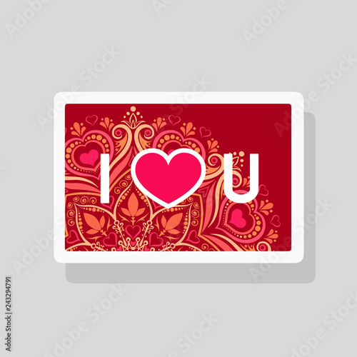 Valentine's Day greeting card I Love You with abbreviated text and heart shape on mandala background