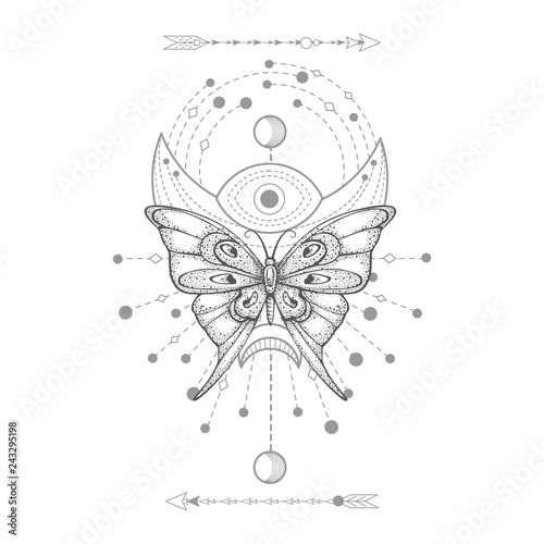 Vector illustration with hand drawn butterfly and Sacred symbol on white background. Abstract mystic sign. Black linear shape. For you design, tattoo or magic craft.