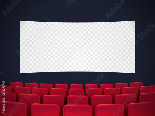 Cinema screen with red seats. 