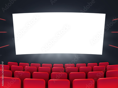 Cinema screen with red seats. 