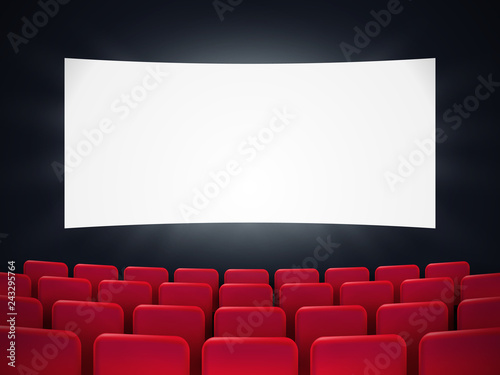 Cinema screen with red seats. 