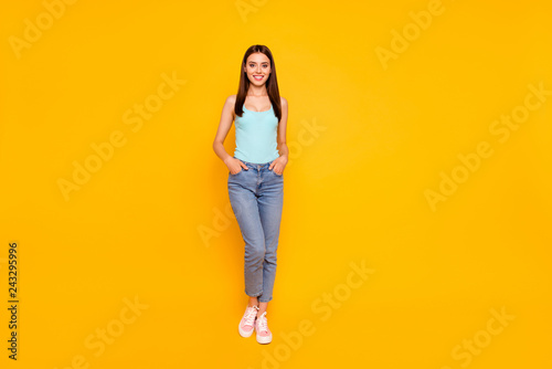 Full length size studio photo portrait of pretty attractive one 