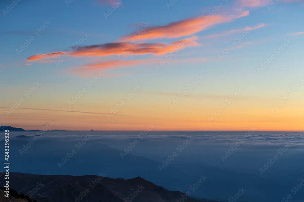 Dawn on the Mount Grappa in Italy. View from the summit