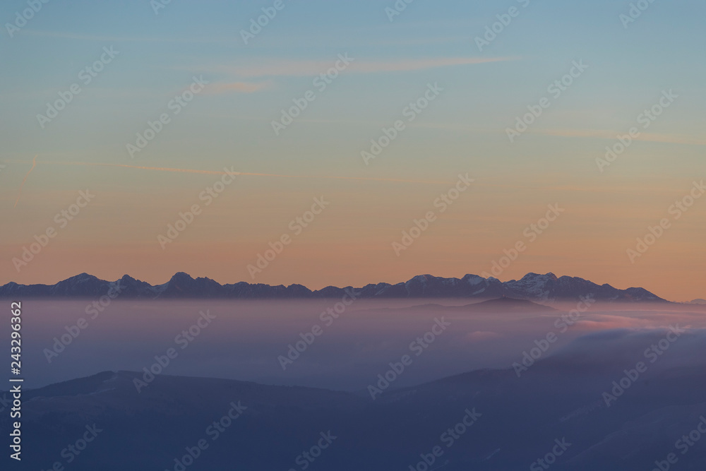 Dawn on the Mount Grappa in Italy. View from the summit