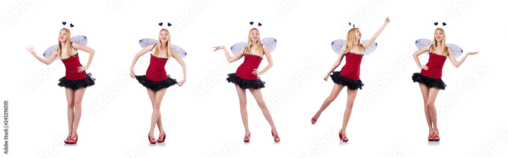 Woman in bee costume isolated on white Woman in bee costume isolated on white