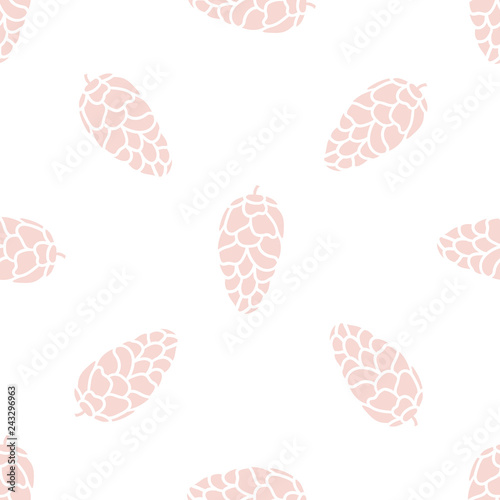 Vector seamless pattern with pine cones silhouette. Pink Cone decoration isolated on white background. Fir pattern. Flat decorative christmas, new year, background print, texture, wrapper. Natural