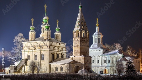 Winter night view ensemble of ancient orthodox churches in Veliky Ustyug