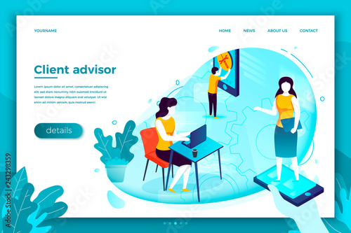 Vector concept illustration -  client advisor, girl in phone and man manning problems. Modern bright banner, site template with place for your text.