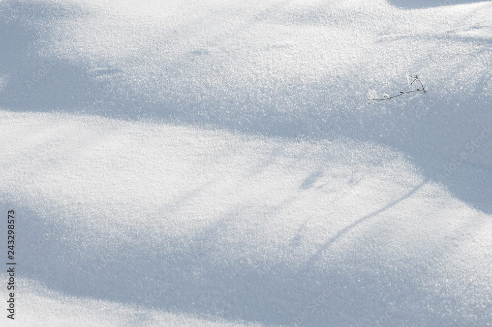 Winter scene. Bright white snow and little  frosty grass.