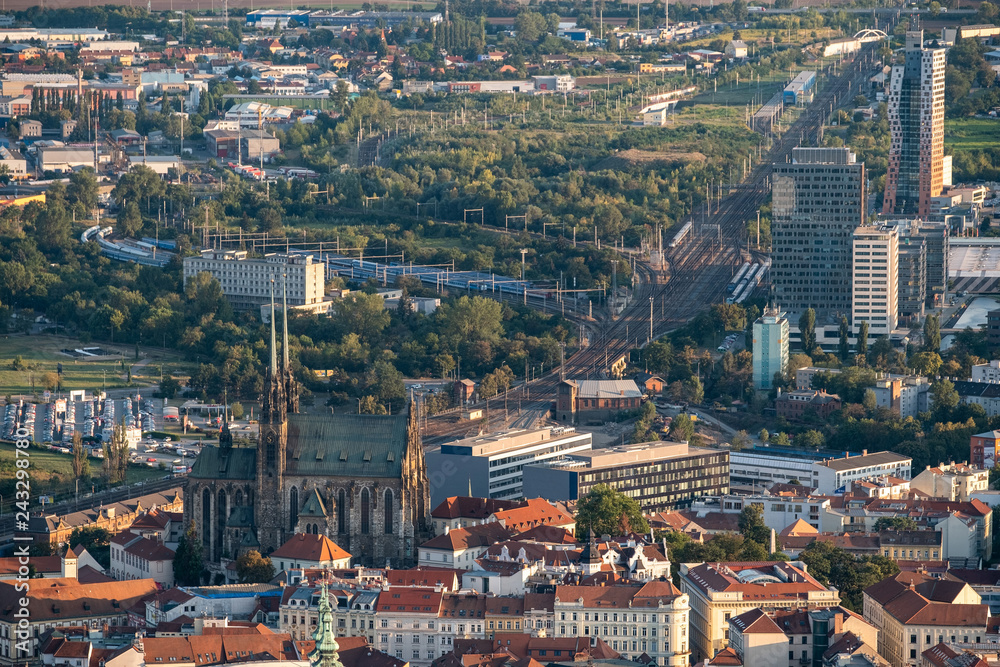 Aerial view of cityscape with historical and modern development in Brno, Czech Republic. Cathedral of St Peter and Paul in Brno.