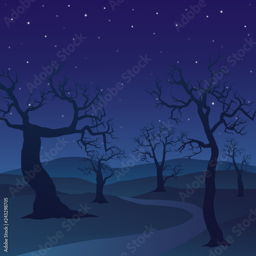 Forest landscape on night day with dead trees and a starry sky © Dimassbp