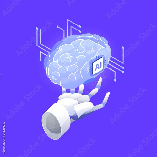 Robotic hand holding brain. Artificial intelligence, smart robot, conscious machine, innovative technology, hi tech innovation, scientific research in cybernetics. Modern colored vector illustration.