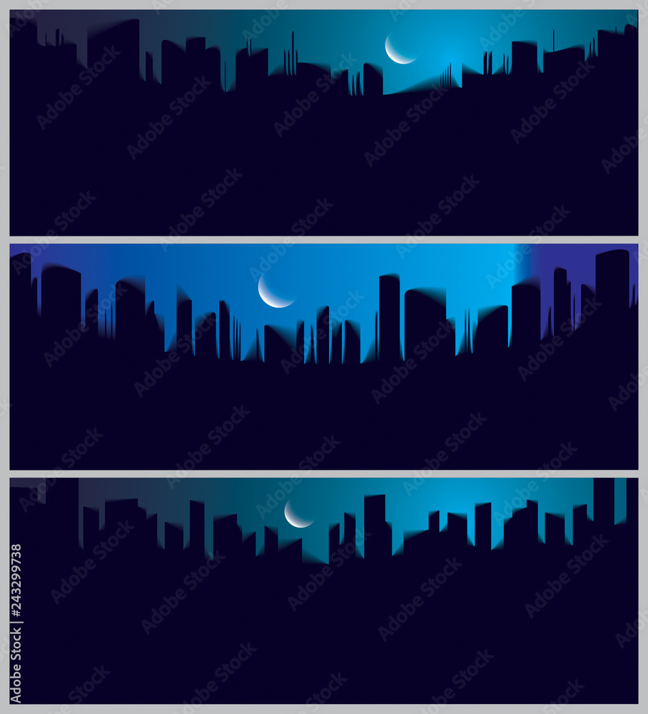 Wide panorama night city skyscrapers silhouettes skyline vector illustrations set. Perfect minimal backgrounds with copy space for text.