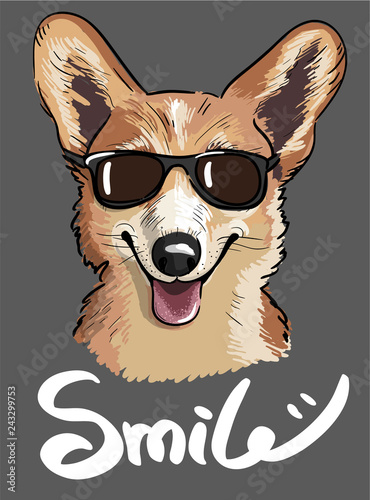 Stylish print of Welsh corgi dog wearing sunglasses in sketch style.