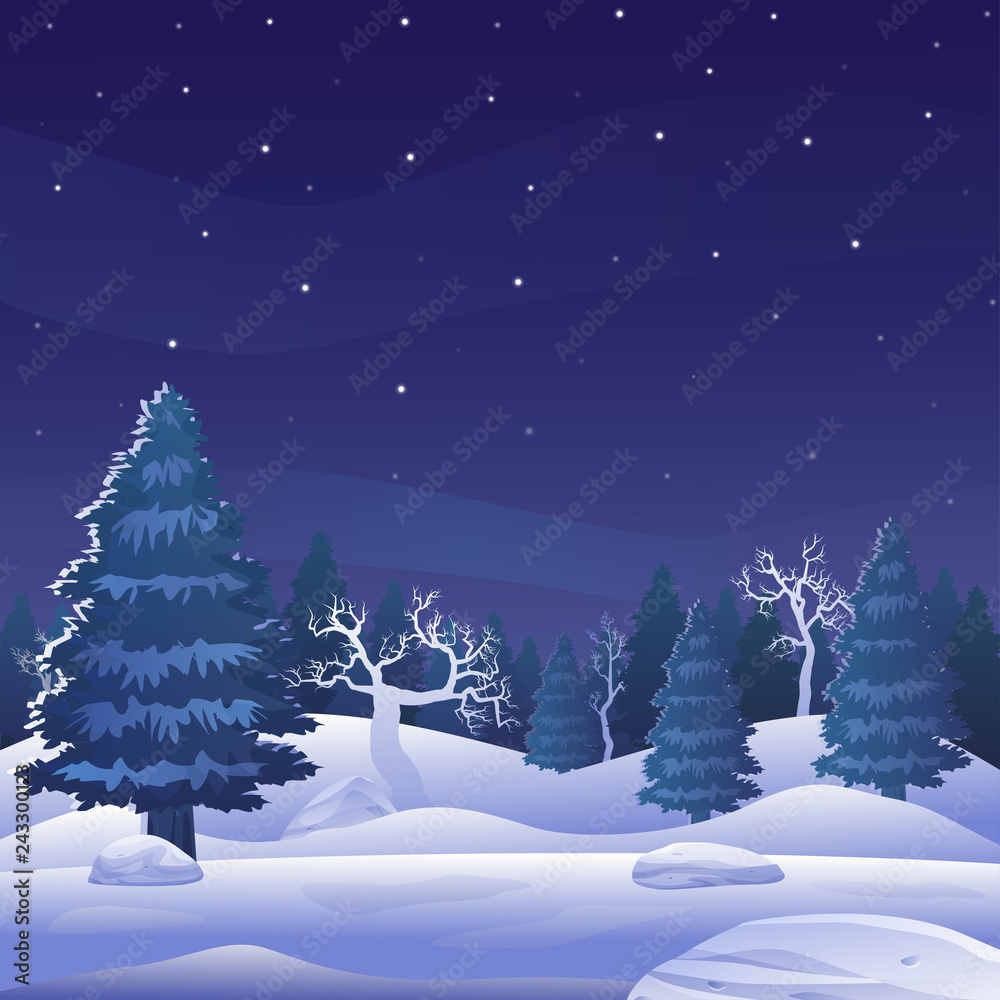 Beautiful winter night forest landscape. Vector illustration