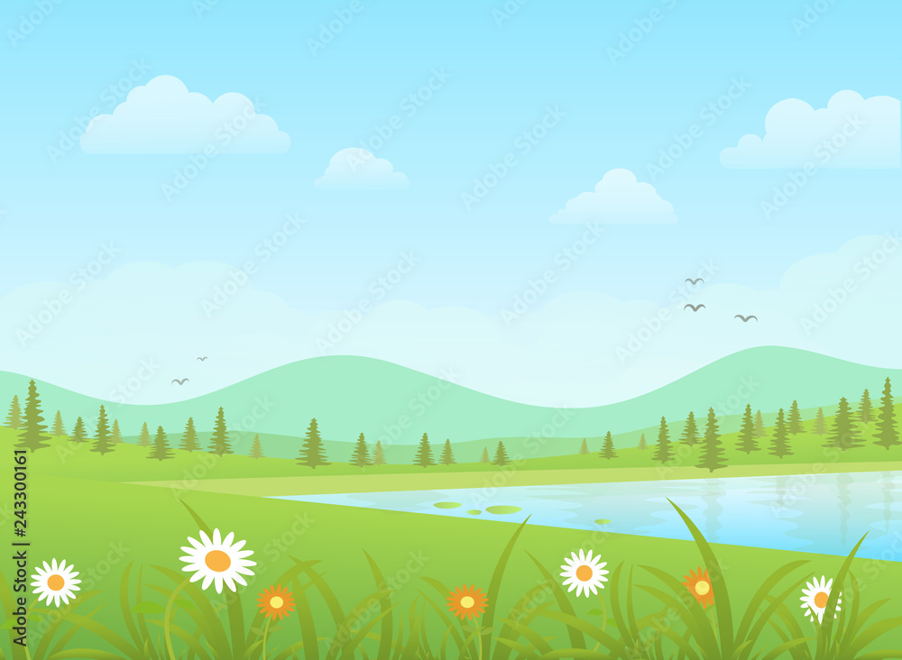 Green grass with flowers and blue lake on a mountains background. Nature vector landscape.