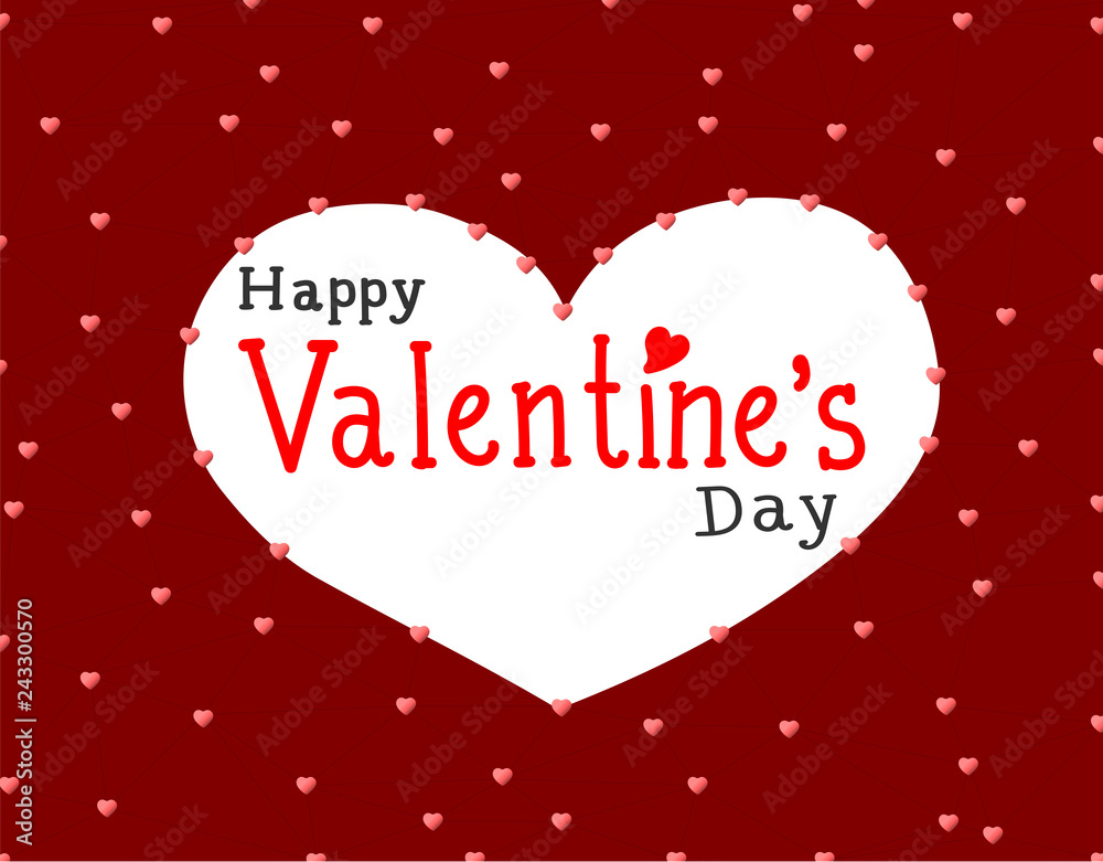 Happy valentine's day word in white heart shape on small pink hearts pattern red background. Cute handwriting represent happiness and puppy love. Happy valentine's day word in white heart shape on small pink hearts pattern red background. Cute handwriting represent happiness and puppy love.