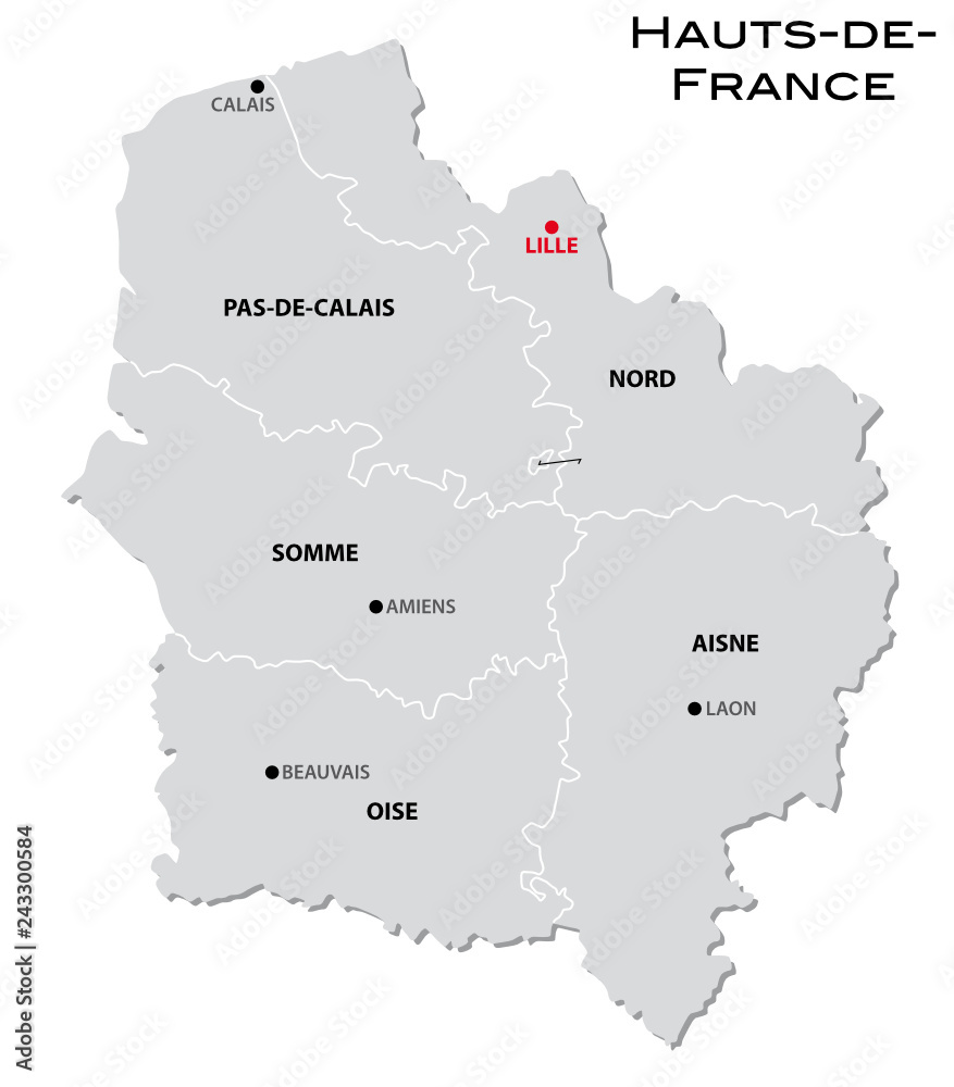 simple gray administrative map of the new french region Hauts-de-France