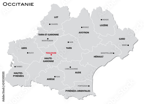 simple gray administrative map of the new french region Occitanie