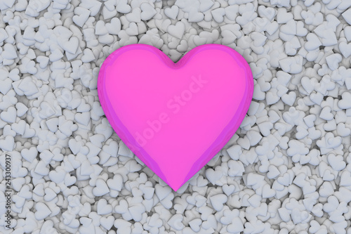Valentine's Day abstract 3D illustration pattern with big pink or rosy shiny heart on background made from many smaller gray hearts.