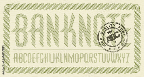 Vector upper case condensed English alphabet letters collection created with guilloche ornate, art ribbon. Can be used as graduation diploma design