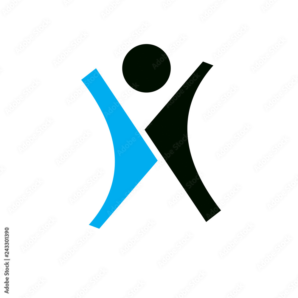 Vector illustration of happy abstract individual with raised hands up. Successful business career abstract logo. Corporate development symbol. Freedom creative icon.