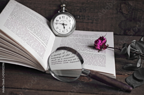 Book  magnifying glass  old pocket clock and withered rose