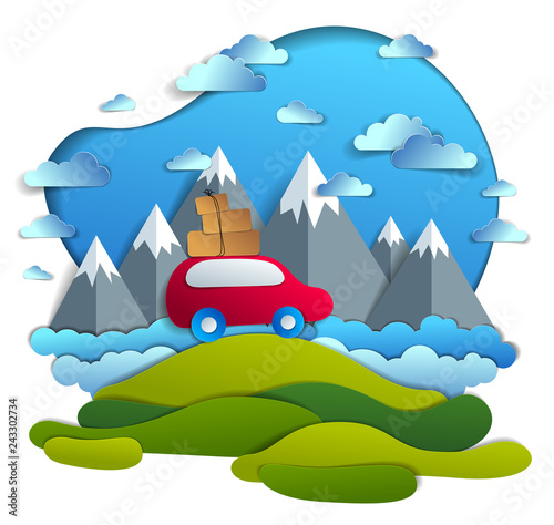 Car travel and tourism  red minivan with luggage riding off road with mountain peaks in background  clouds in the sky  paper cut vector illustration of auto in scenic nature landscape.