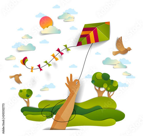 Hand holding kite over cloudy sky birds flying and sun, meadows and trees scenic nature landscape, freedom and easiness emotional concept, vector modern style paper cut 3d illustration.