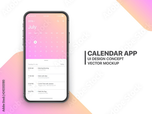 Calendar App Concept July 2019 Page with To Do List and Tasks UI UX Design Mockup Vector on Frameless Smartphone Screen Isolated on White Background. Planner Application Template for Mobile Phone