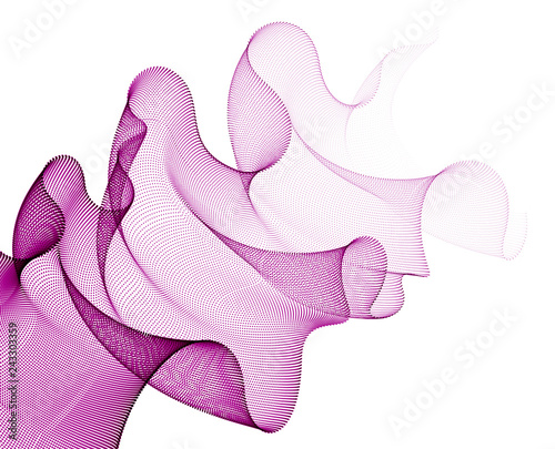 Flowing energy particles, wave of blended dots transparent tulle textile on wind. Curved dotted 3d lines vector effect illustration. 3d futuristic technology style.