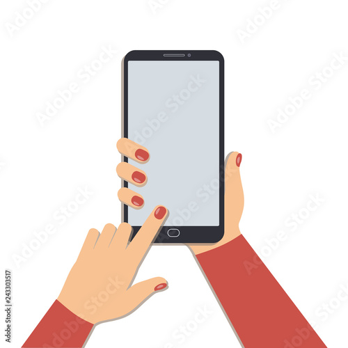 The concept of using a mobile phone.Cute woman hand with manicure holding smartphone while the other presses the screen isolated on white background.Vector illustration
