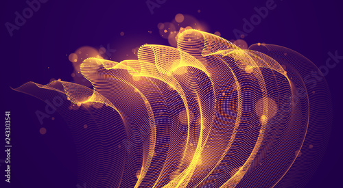Dynamic magic particles wave flowing over dark, transparent tulle textile on wind. Dotted curves vector abstract background. Beautiful 3d wave shaped array of blended points.