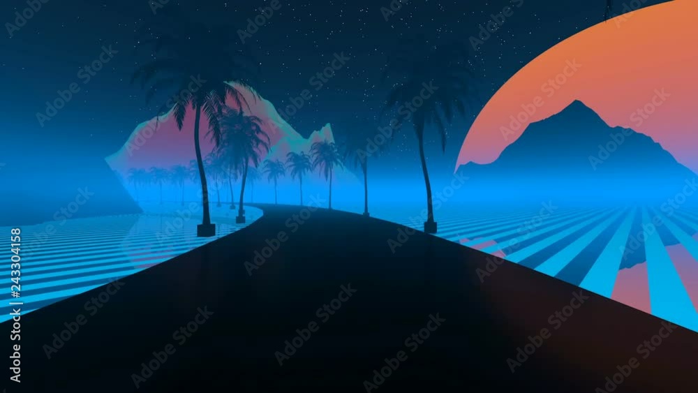 Synthetic World Night. Road, palm trees, mountains, rings of Saturn. Neon Retro Wave Background Loop.a
