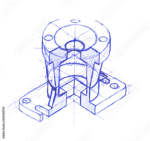 Mechanical isometrical engineering drawing. Sketch drawing engineering parts. Isolated illustration.